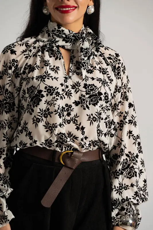 Floral Pattern Tie Blouse