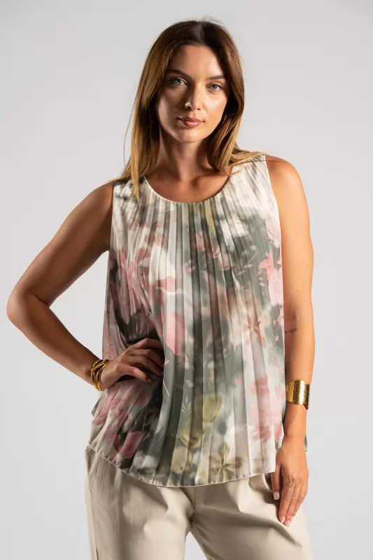 Blouse Embrime Sleeveless Pleated
