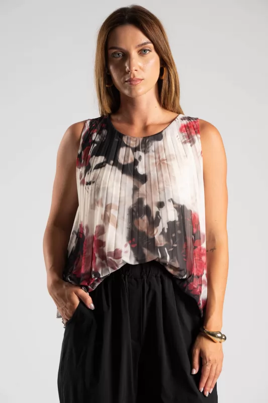 Blouse Embrime Sleeveless Pleated