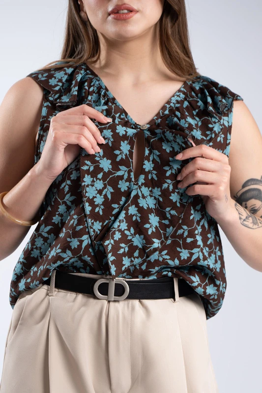Blouse Floral Sleeveless Ruffle