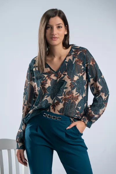 Μπλούζα Floral Gold Wire Πετρόλ-Cream