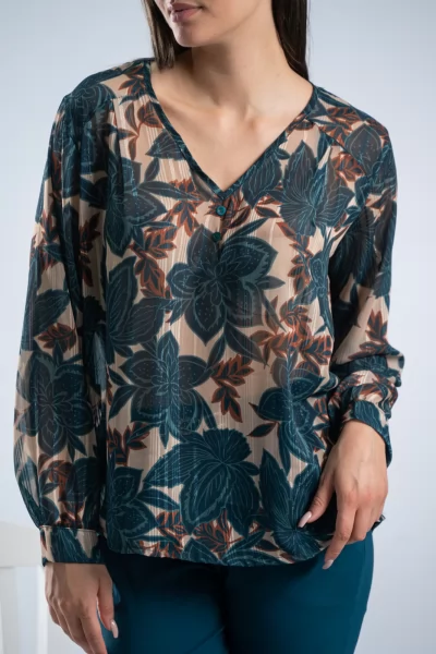 Μπλούζα Floral Gold Wire Πετρόλ-Cream