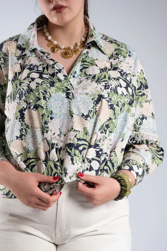 Μπλούζα Floral Πιέτες Γιακάς