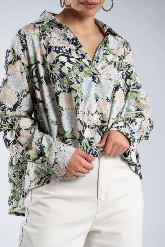 Μπλούζα Floral Πιέτες Γιακάς