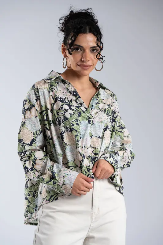 Μπλούζα Floral Πιέτες Γιακάς