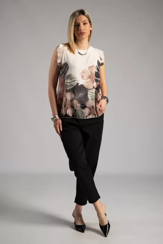 Blouse Floral Pleated Sleeveless