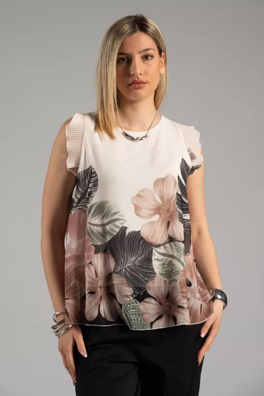 Μπλούζα Floral Πλισέ Αμάνικη