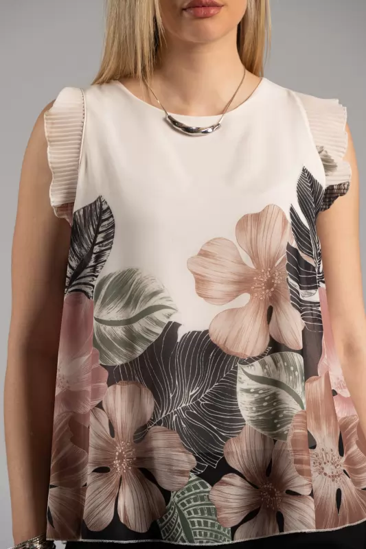 Blouse Floral Pleated Sleeveless