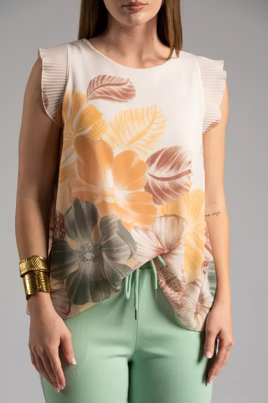 Blouse Floral Pleated Sleeveless