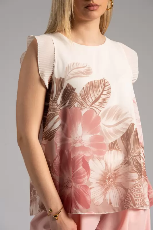 Blouse Floral Pleated Sleeveless