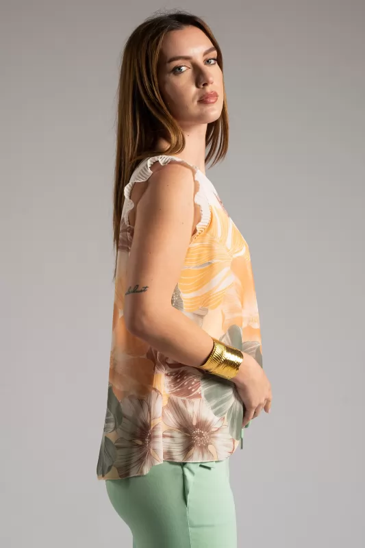 Blouse Floral Pleated Sleeveless