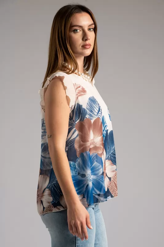 Blouse Floral Pleated Sleeveless