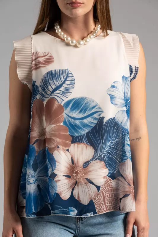 Blouse Floral Pleated Sleeveless