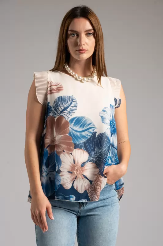 Μπλούζα Floral Πλισέ Αμάνικη