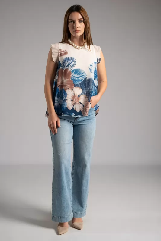 Blouse Floral Pleated Sleeveless