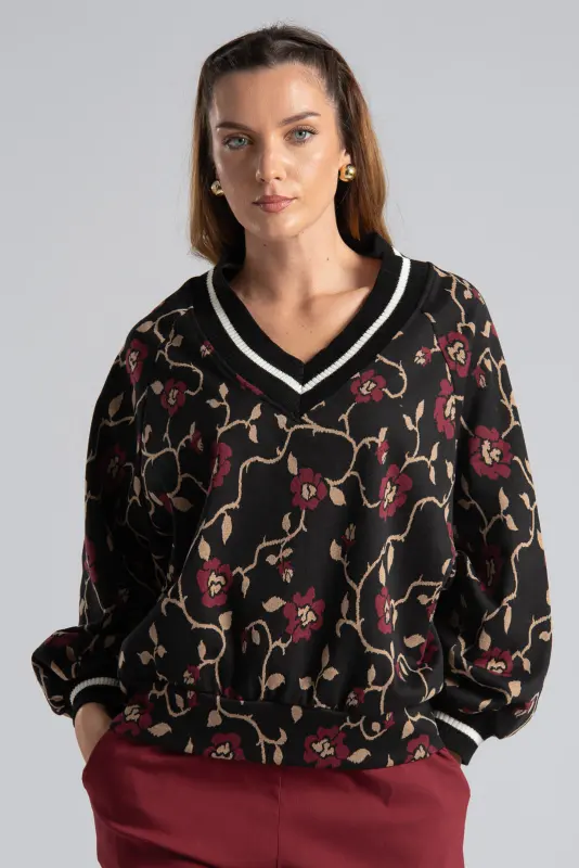 Floral Blouse Rib Details 