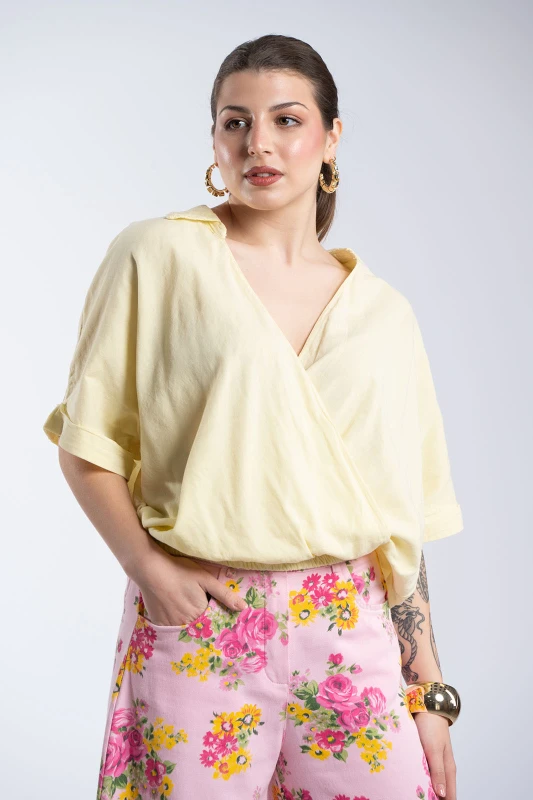 Wrapped Cotton T-Shirt Elastic Waistband 