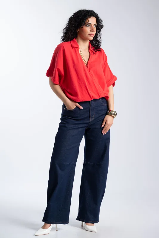 Wrapped Cotton T-Shirt Elastic Waistband 