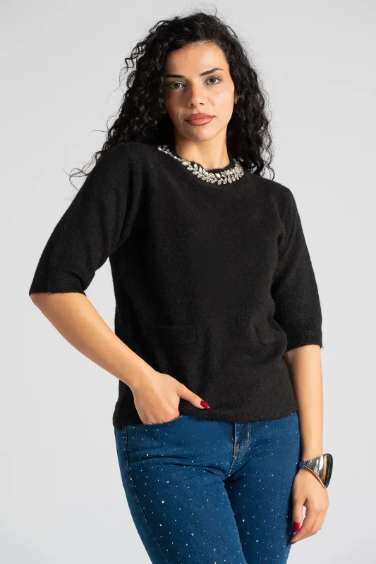 Μπλούζα Λαιμόκοψη Στρογγυλή Strass