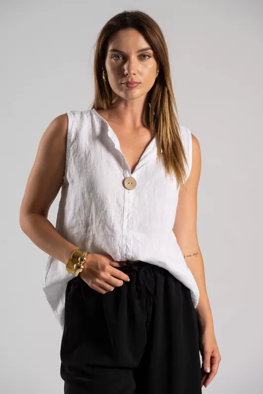 Blouse Linen Sleeveless Button