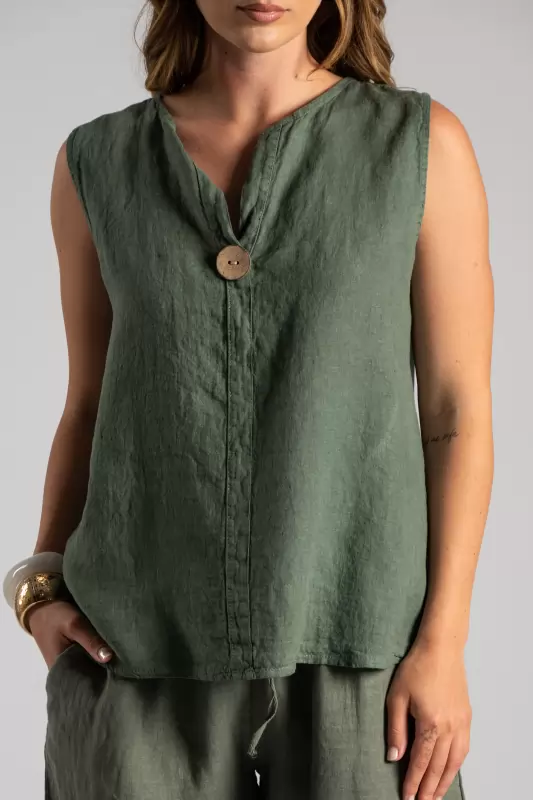 Blouse Linen Sleeveless Button