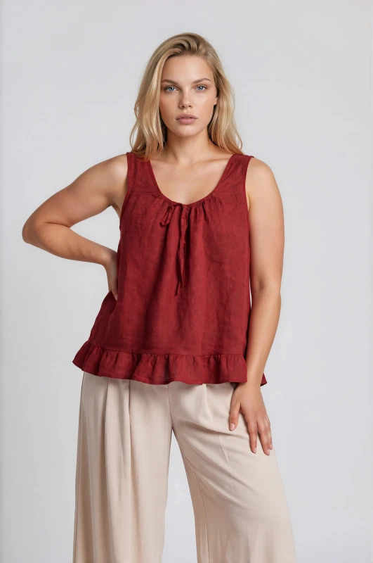 Blouse Linen Sleeveless Ruffles 