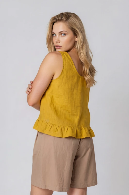 Blouse Linen Sleeveless Ruffles 