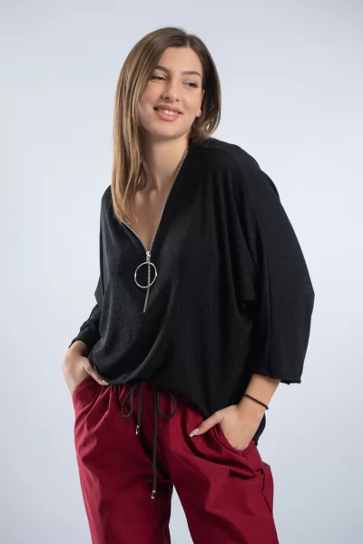 Μπλούζα Lurex Φερμουάρ Μαύρη