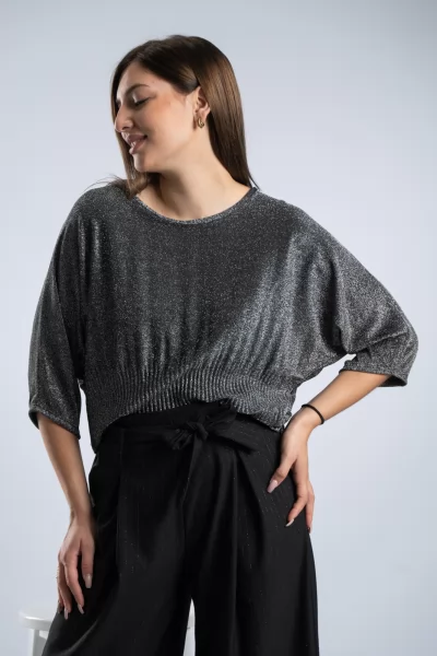 Μπλούζα Lurex Πλισέ Τελείωμα Ασημί