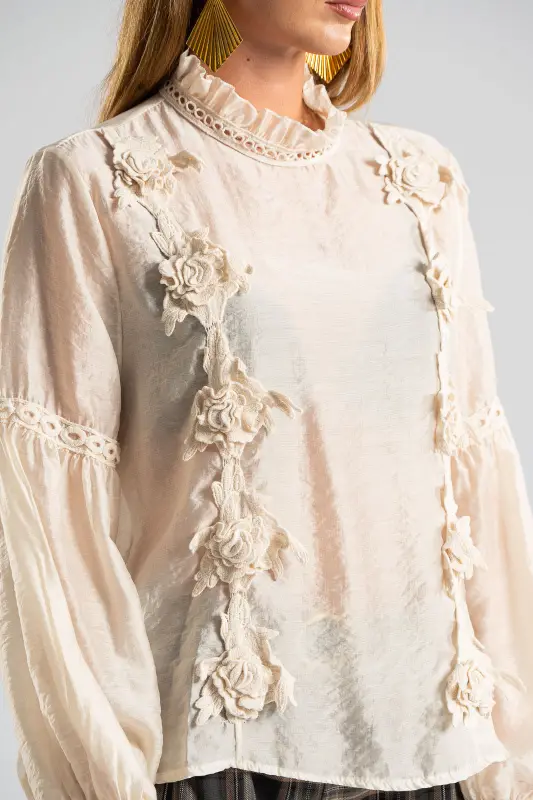 Blouse Balloon Sleeves Roses Details