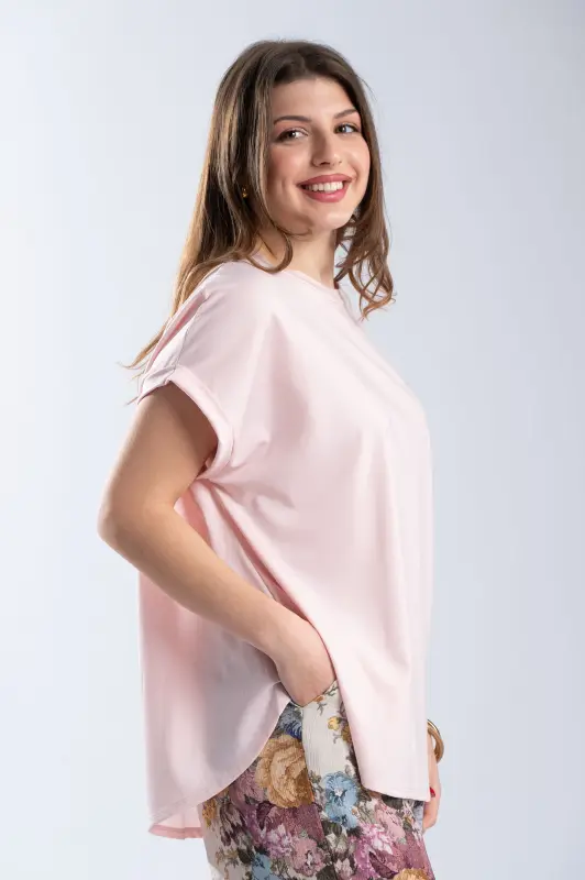 Blouse Single-color Short-sleeved Round Neckline