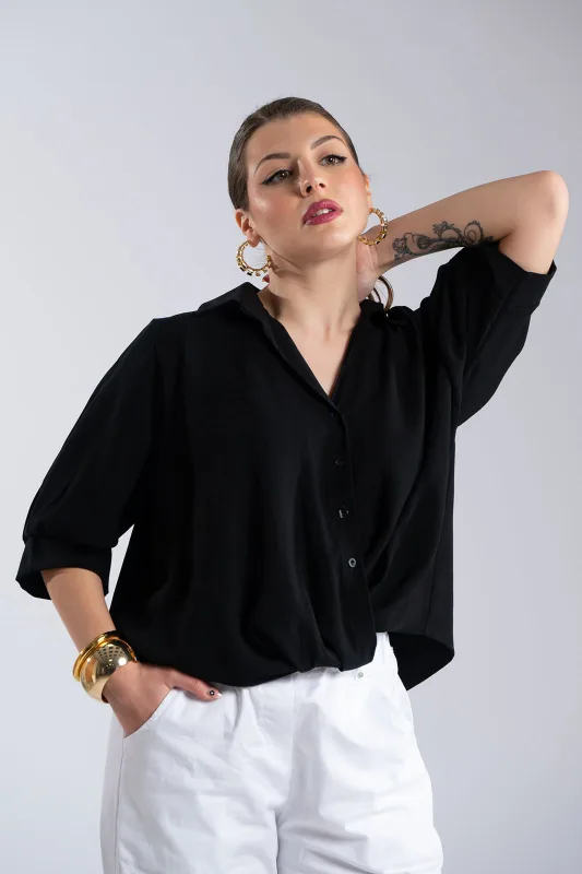 Solid-Color Blouse Buttons Collar 