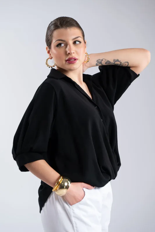 Solid-Color Blouse Buttons Collar 