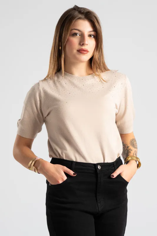 Short Sleeved Knitted Blouse Rhinstone