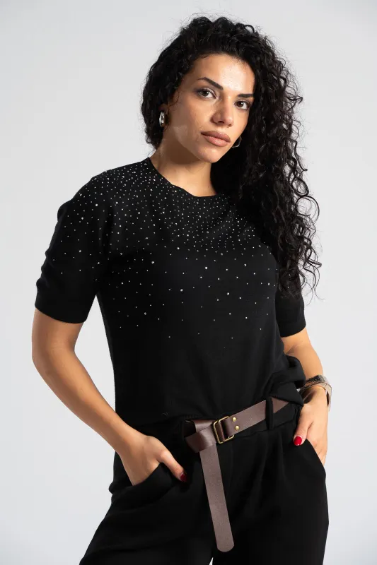 Short Sleeved Knitted Blouse Rhinstone