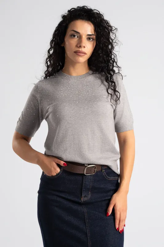Short Sleeved Knitted Blouse Rhinstone
