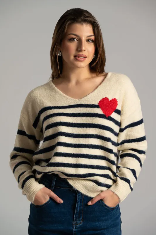 Hearts Striped Knitted Blouse 