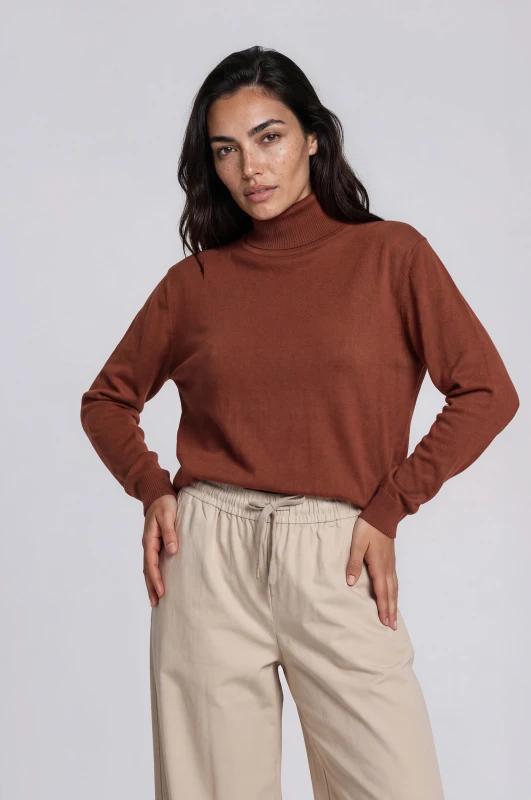 Blouse Knitted Turtleneck Solid-Color 