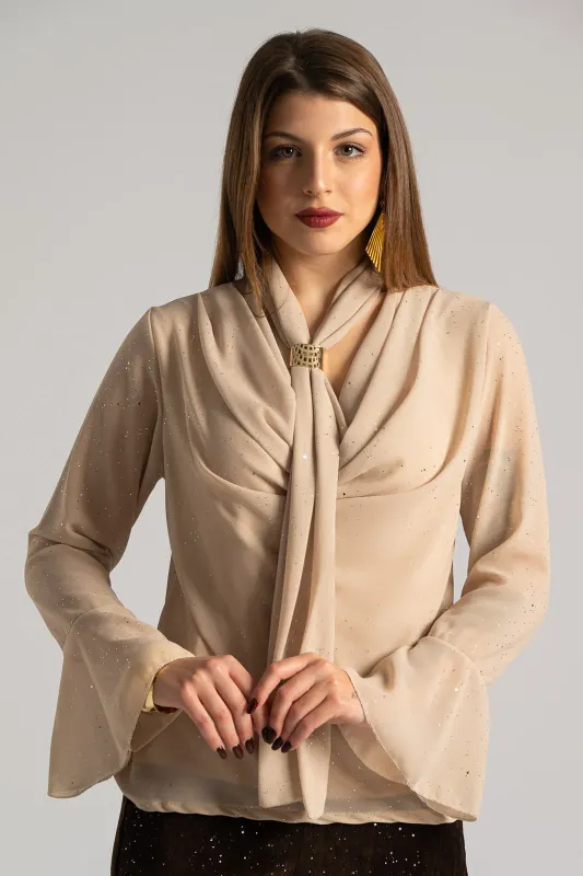 Blouse Draped Neckline Metallic Detail