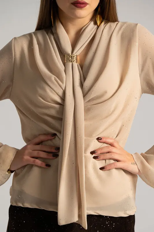 Blouse Draped Neckline Metallic Detail