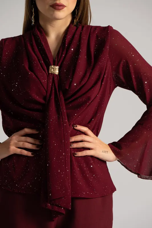 Blouse Draped Neckline Metallic Detail