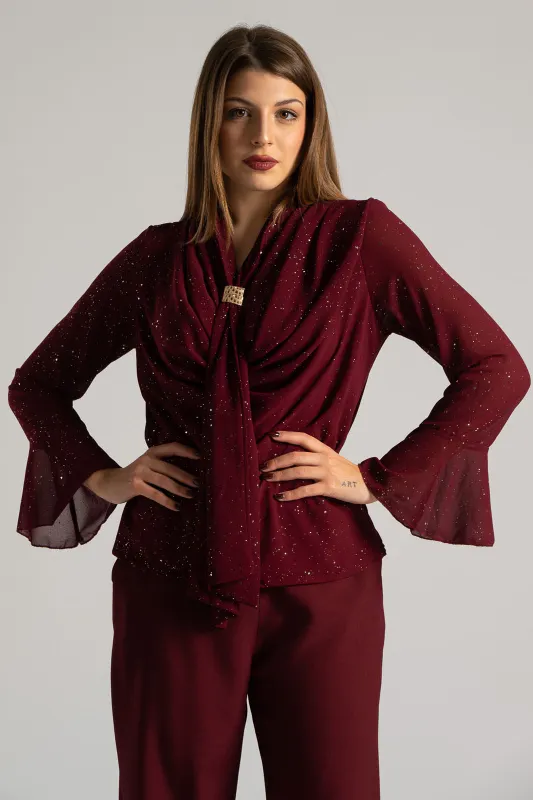 Blouse Draped Neckline Metallic Detail