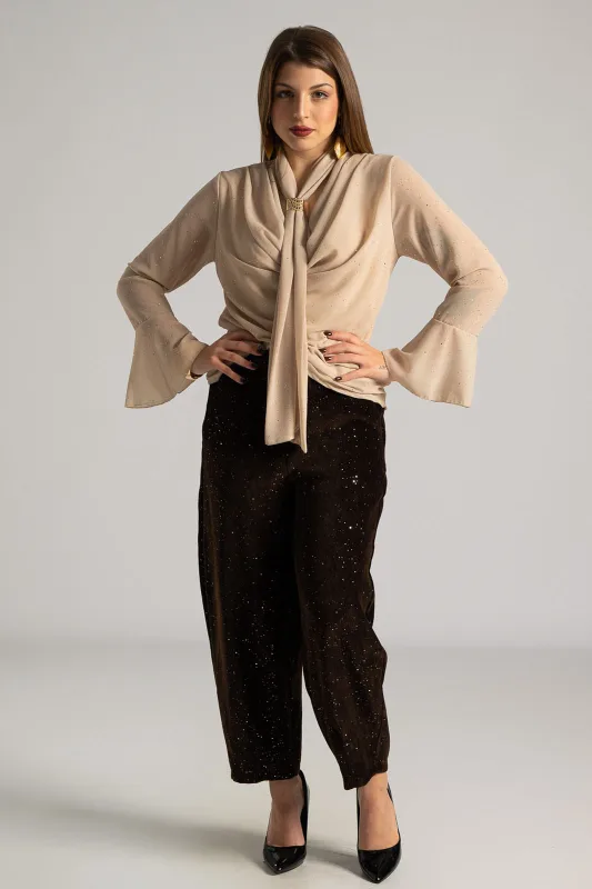 Blouse Draped Neckline Metallic Detail