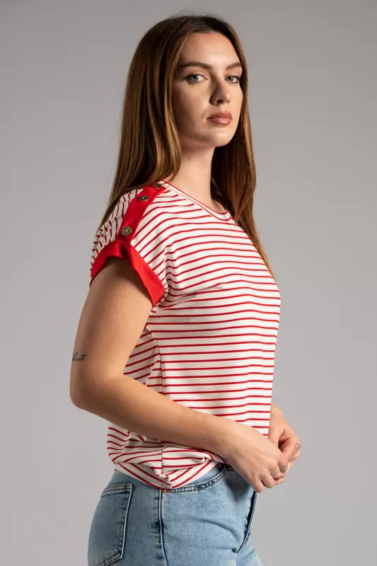 Blouse Striped Decorative Buttons