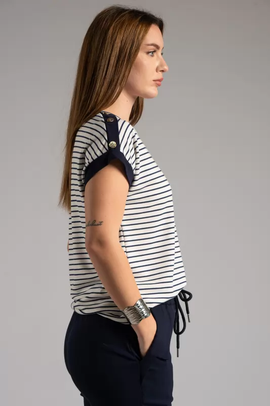 Blouse Striped Decorative Buttons