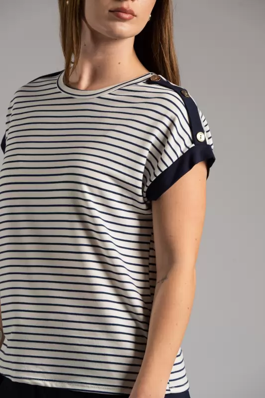 Blouse Striped Decorative Buttons