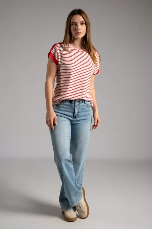 Blouse Striped Decorative Buttons