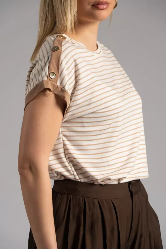 Blouse Striped Decorative Buttons