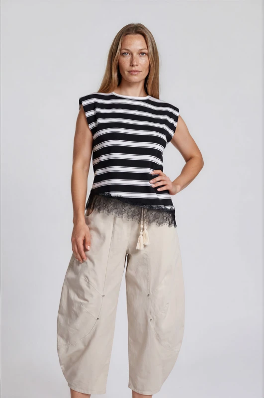 Striped Blouse With Lace Trim