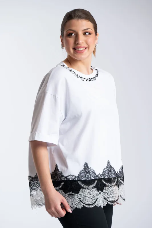 Strass Blouse Lace Detail Neckline